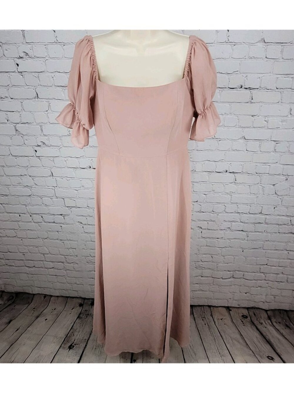 Revelry Pink Chiffon Side Slit Off The Shoulder Puff Short Sleeve Boned Dress 4